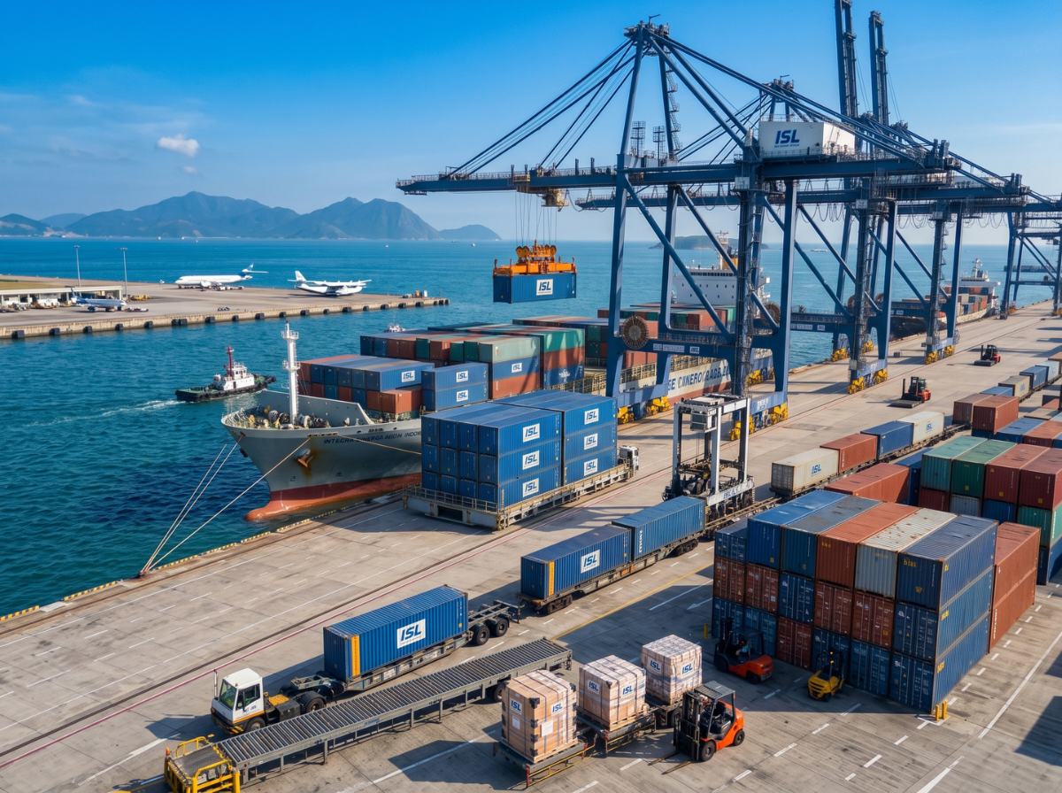 Bongkar muat kapal kontainer dengan crane di terminal pelabuhan