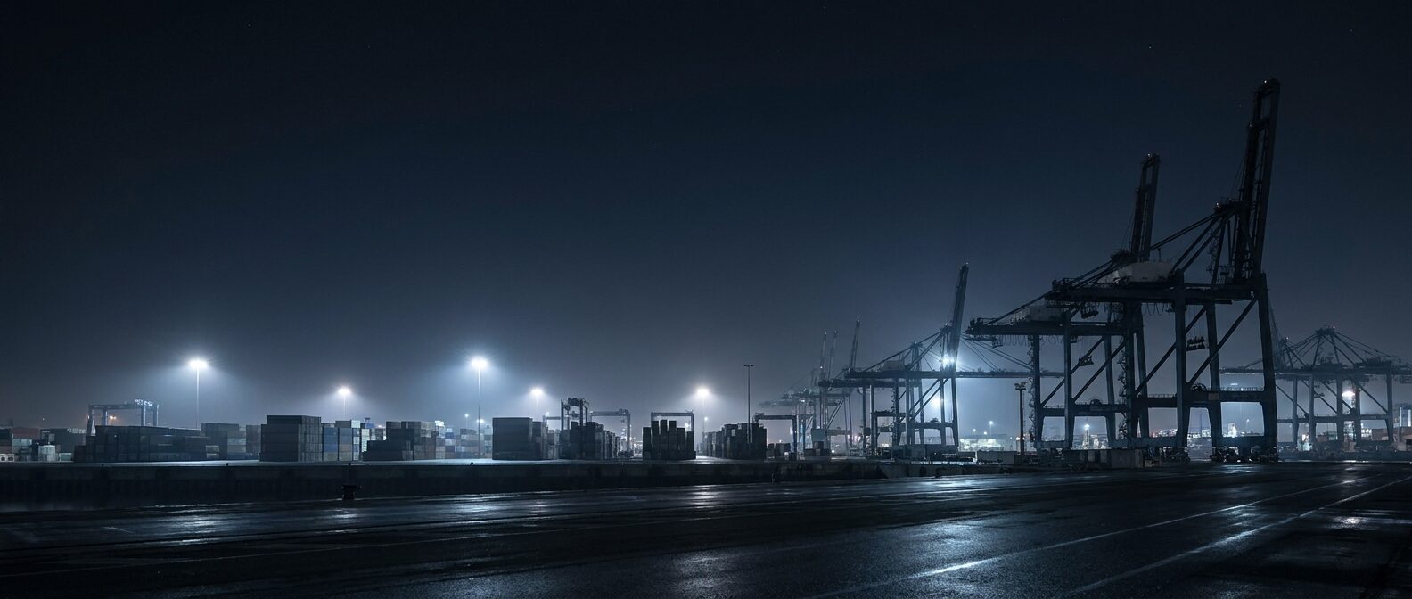 Pelabuhan pada malam hari dengan siluet crane gantry dan pantulan cahaya di dermaga