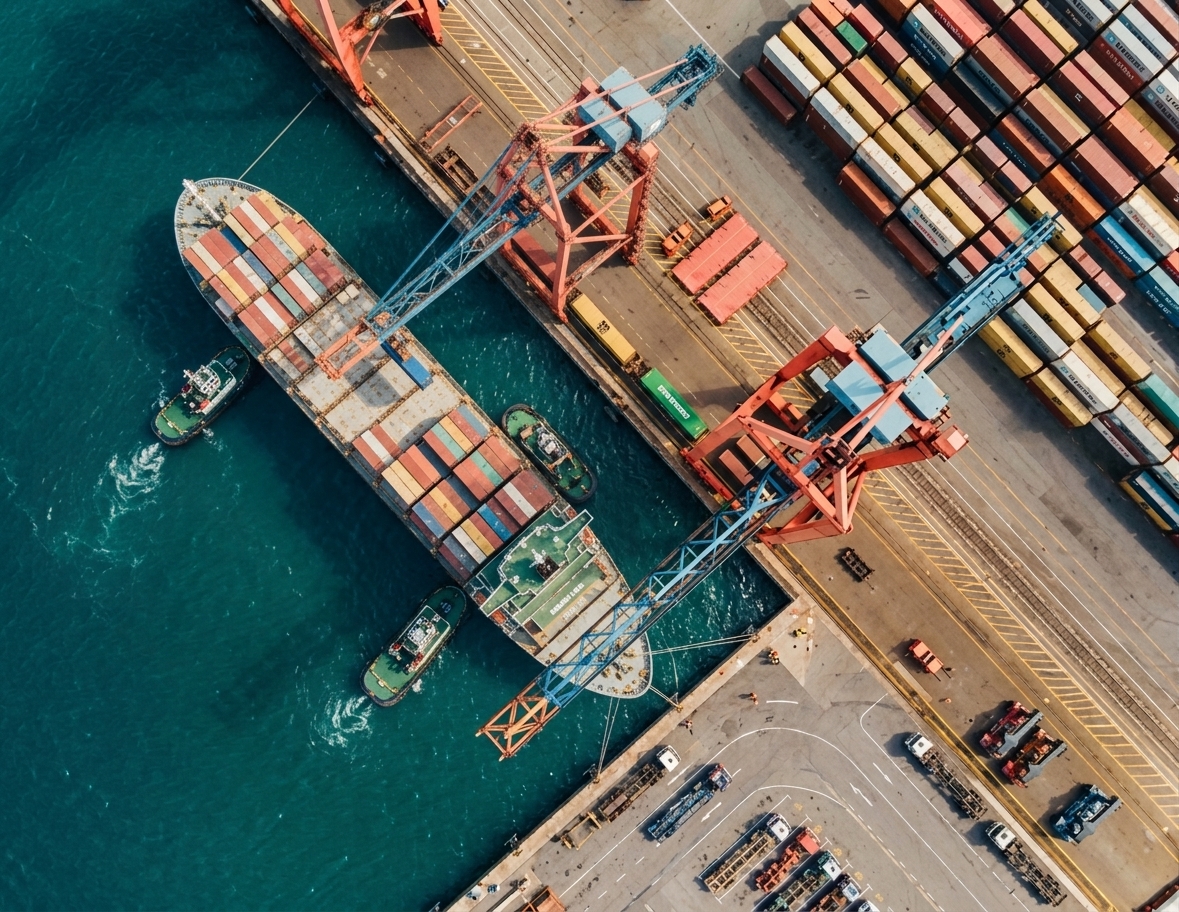 Foto udara kapal kontainer bersandar di terminal pelabuhan dengan crane bongkar muat